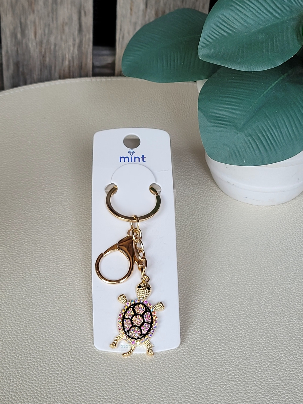 Mint Turtle Gold Key & Bag Charm with Pink Crystals